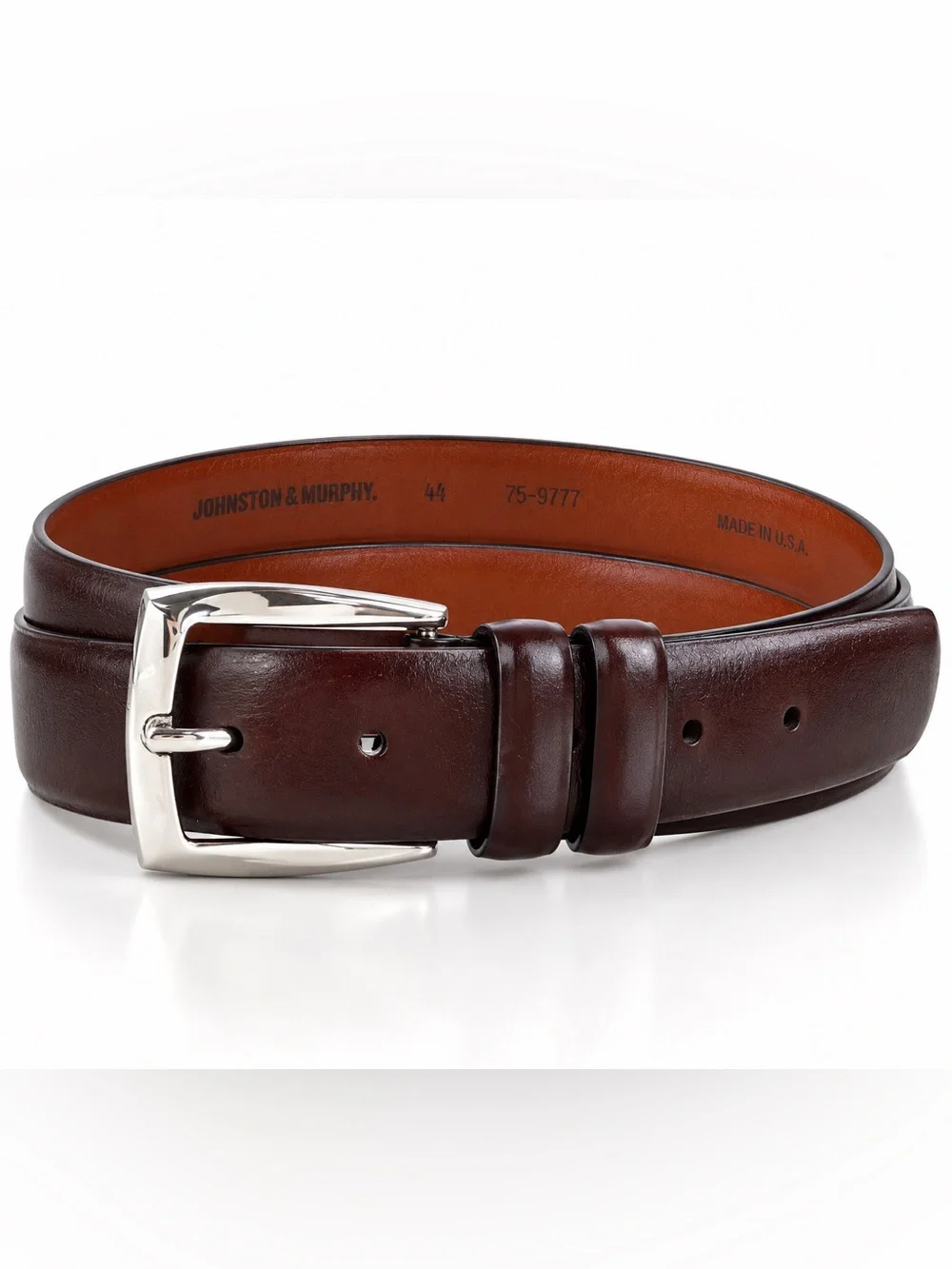 Johnston & Murphy Brown Leather Dress Belt 44 Silver Buckle USA MADE Classic BBQ